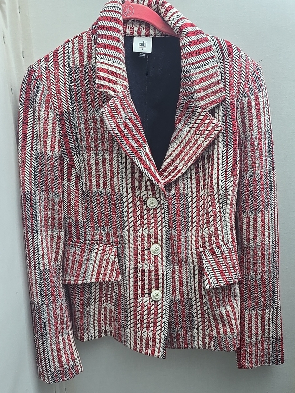 CAbi Red and White Striped Textured Blazer